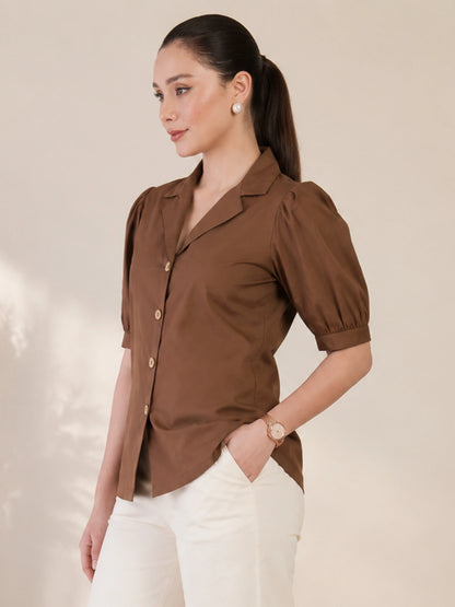 Women's Brown Solid Shirt Collar Puff Sleeve Button Front Regular Fit Casual Office Wear Top for Women