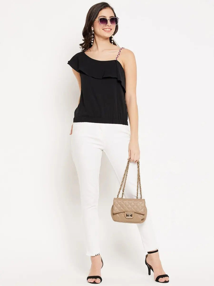 winered-coloured-strap-ruffle-neck-top