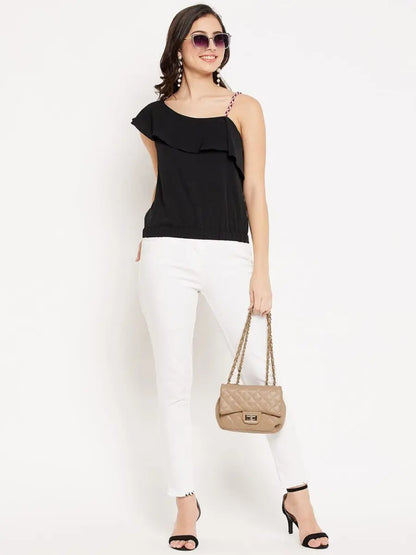 winered-coloured-strap-ruffle-neck-top