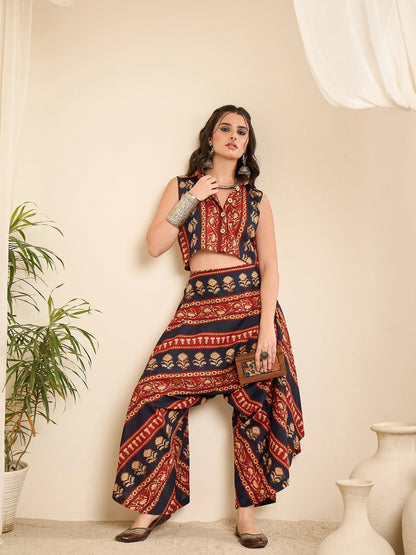 Women Bordered Crop Shirt and Harem Pant Co-Ord Set