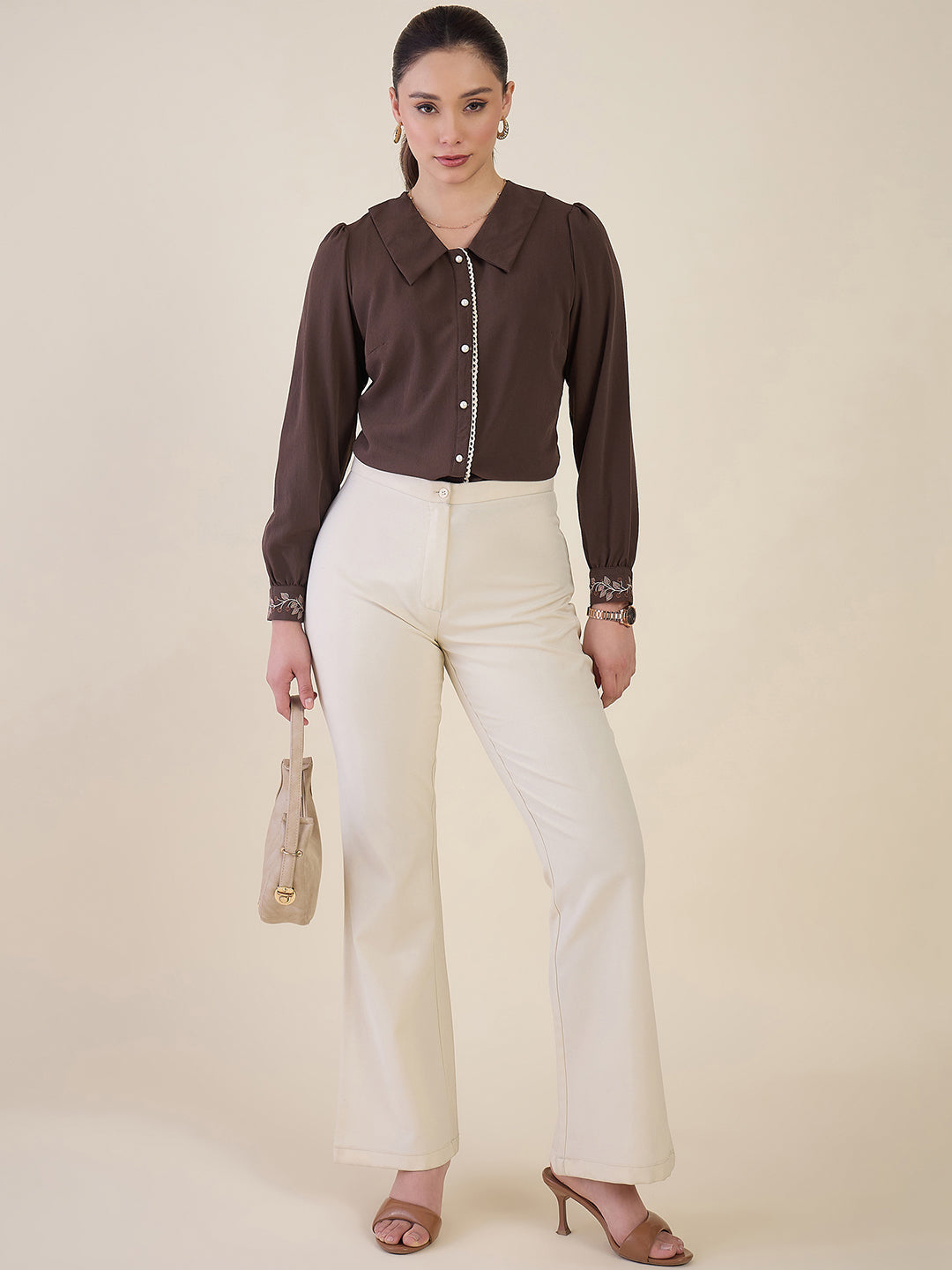 Women Brown Embroidered Cuff Shirt
