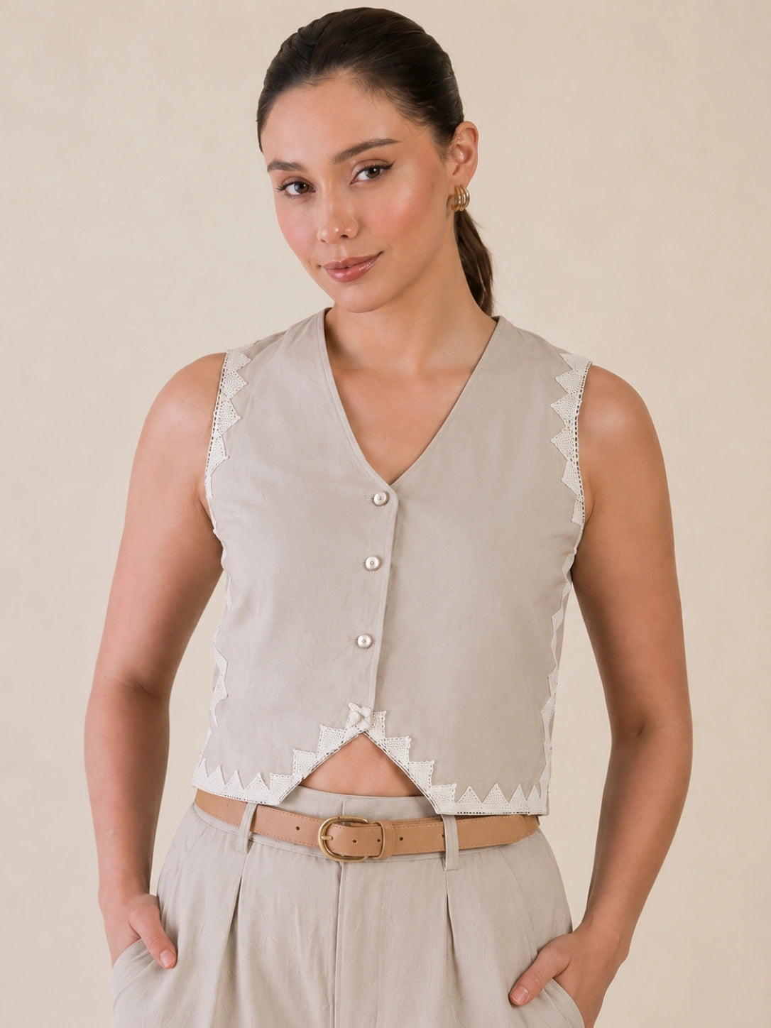 Women Solid Sleeveless V-Neck Lace Detail Waistcoat