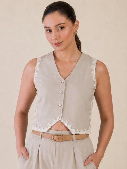 Women Solid Sleeveless V-Neck Lace Detail Waistcoat