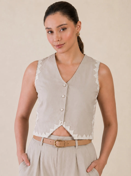 Women Solid Sleeveless V-Neck Lace Detail Waistcoat