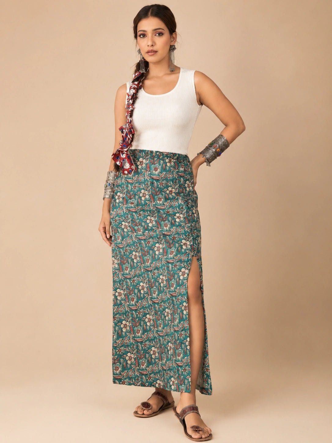 Women's Teal Floral Printed Maxi Skirt