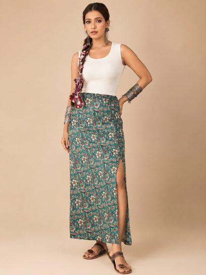 Women's Teal Floral Printed Maxi Skirt