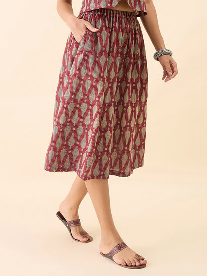 Women's Maroon Ikat Printed Flared Midi Skirt with Elasticated Waistband