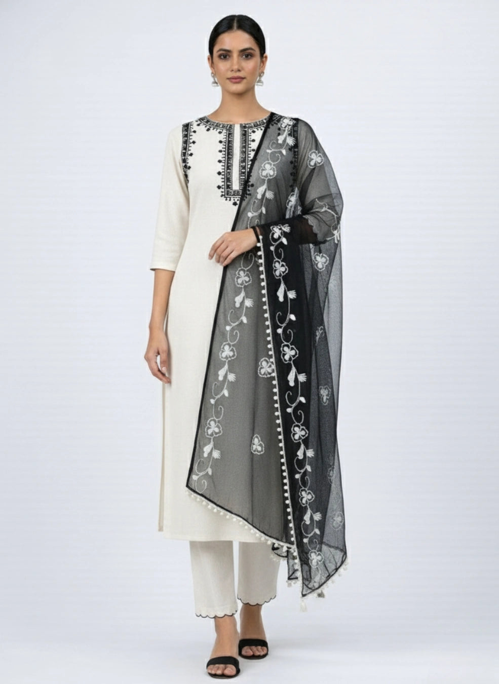 Women's Beige Embroidered Cotton Kurta Set with Dupatta