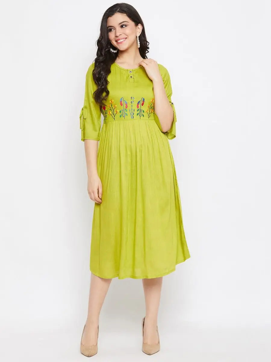 winered-green-gathered-rayon-embroidered-dress