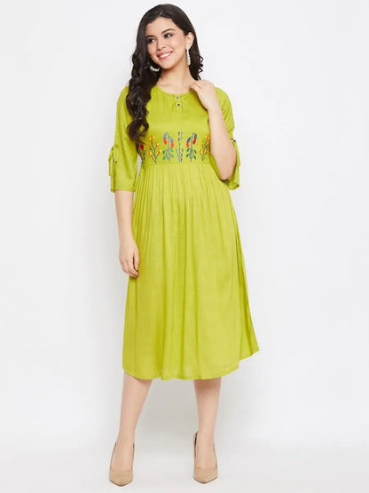 winered-green-gathered-rayon-embroidered-dress
