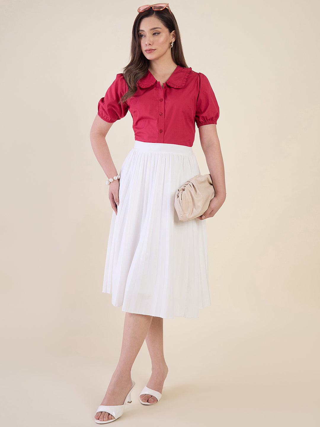 Women Pink Ruffle Collar Puff Sleeve Top