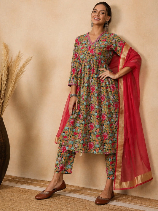 WineRed Woman Navy Blue Floral Print Neck Embroidery Naira Cut Kurta, Pant & Dupatta