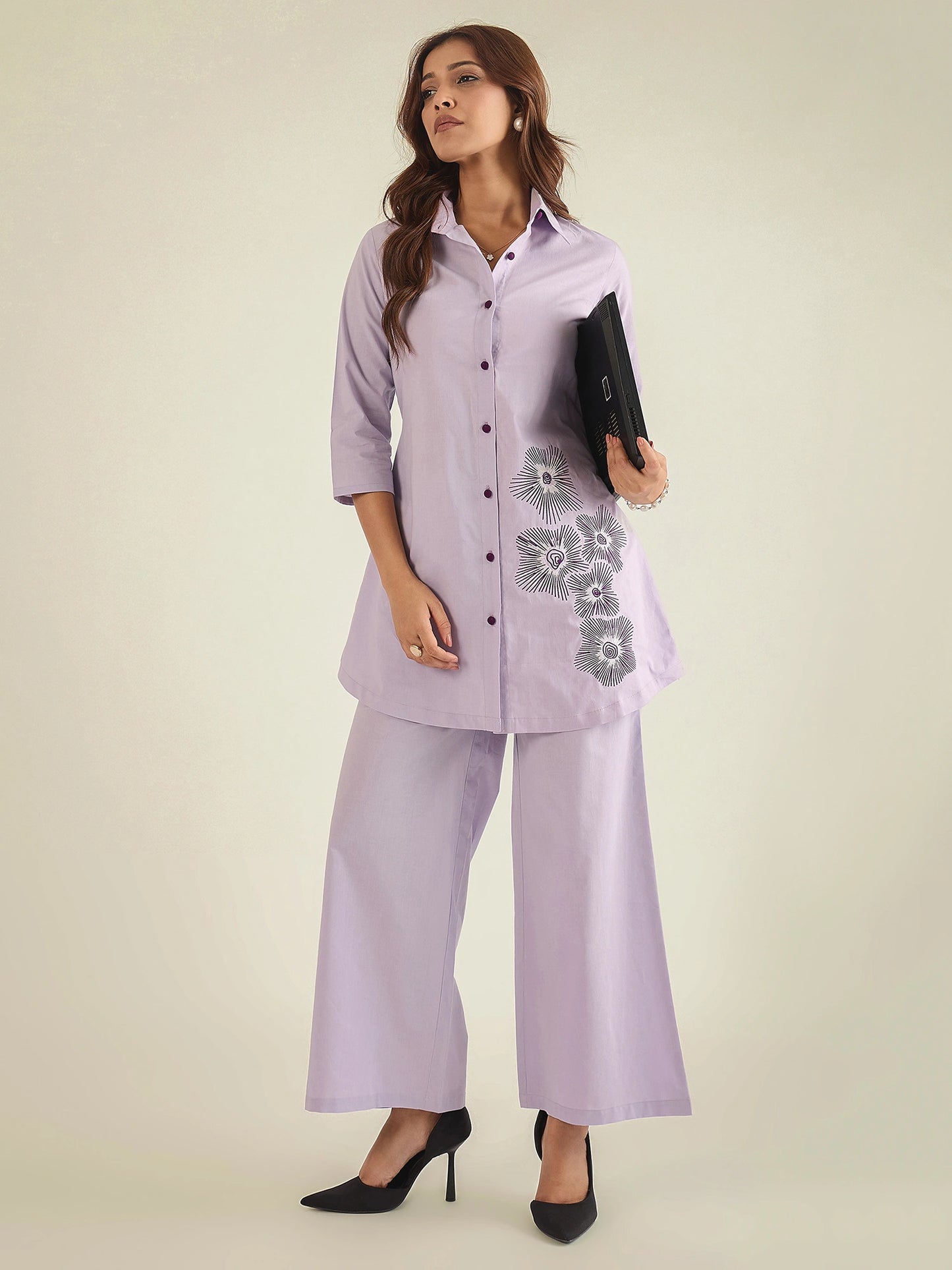 Women Lavender Cotton Embroidered Shirt with Pant Co-ord Set