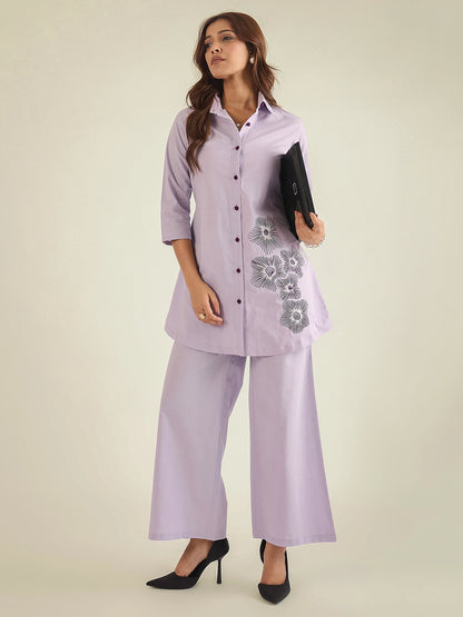 Women Lavender Cotton Embroidered Shirt with Pant Co-ord Set