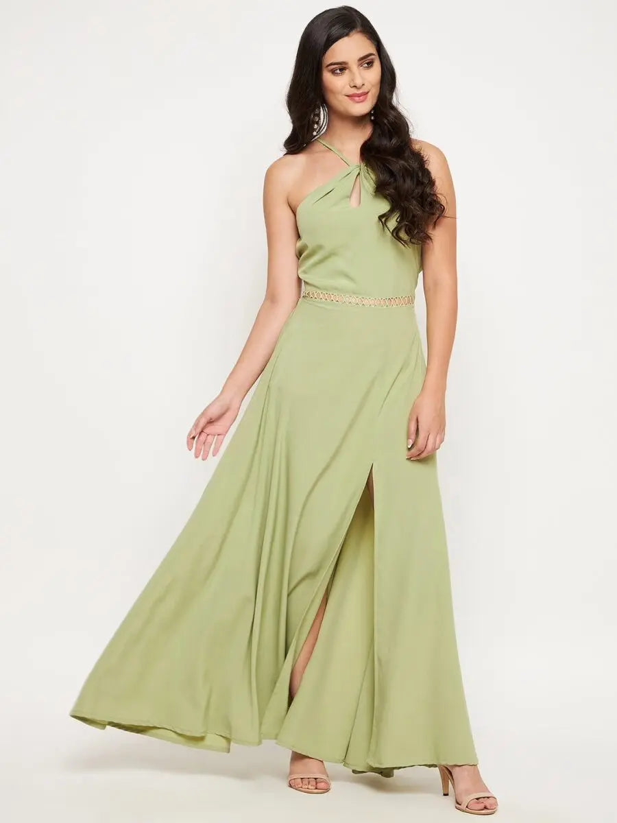 winered-light-green-long-dress-with-lace-at-waist-dress