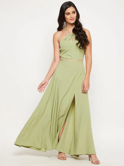 winered-light-green-long-dress-with-lace-at-waist-dress