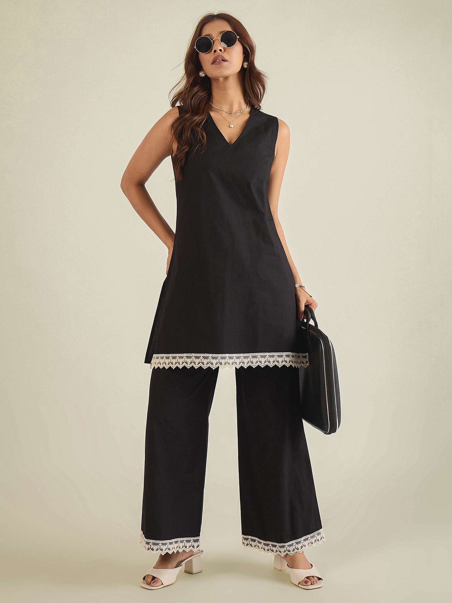 women-black-cotton-poplin-lace-detailed-tunic-with-pant-co-ord-set