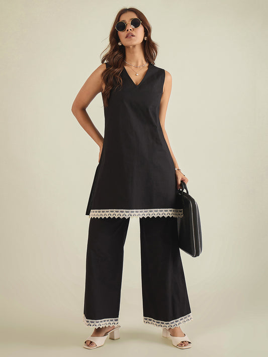 women-black-cotton-poplin-lace-detailed-tunic-with-pant-co-ord-set