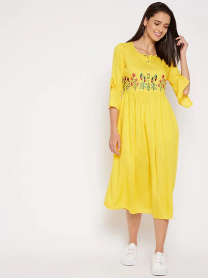 winered-yellow-gathered-rayon-embroidered-dress