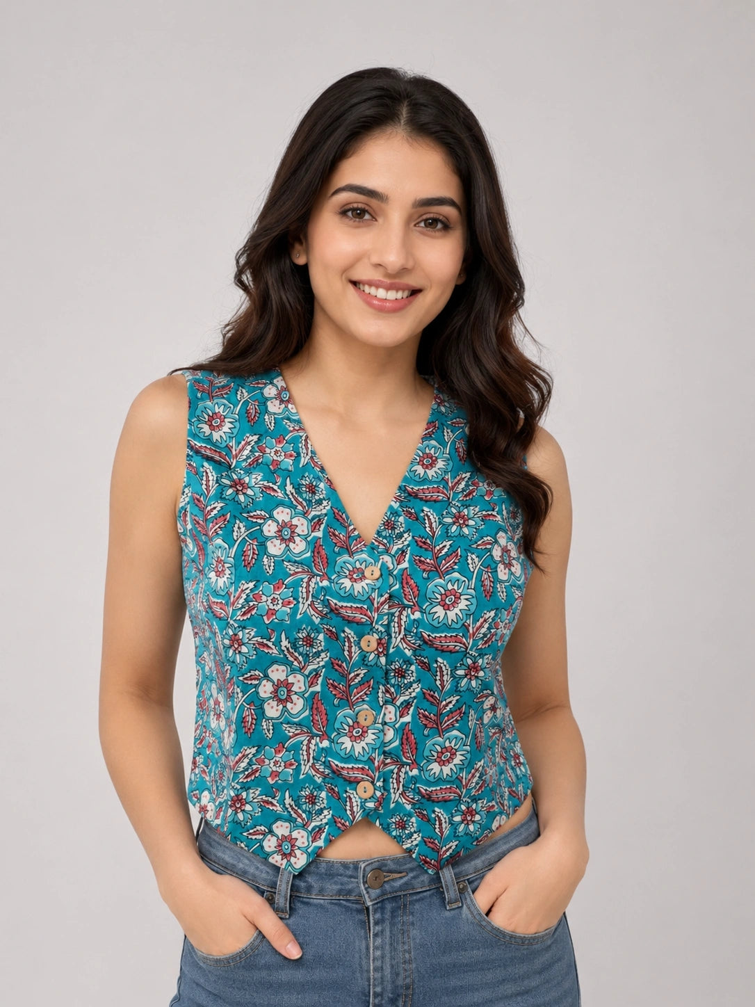 Women's Floral Print Sleeveless V-Neck Button Front Top | Casual Ethnic Crop Top
