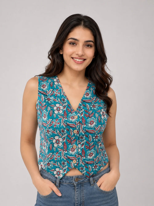 Women's Floral Print Sleeveless V-Neck Button Front Top | Casual Ethnic Crop Top