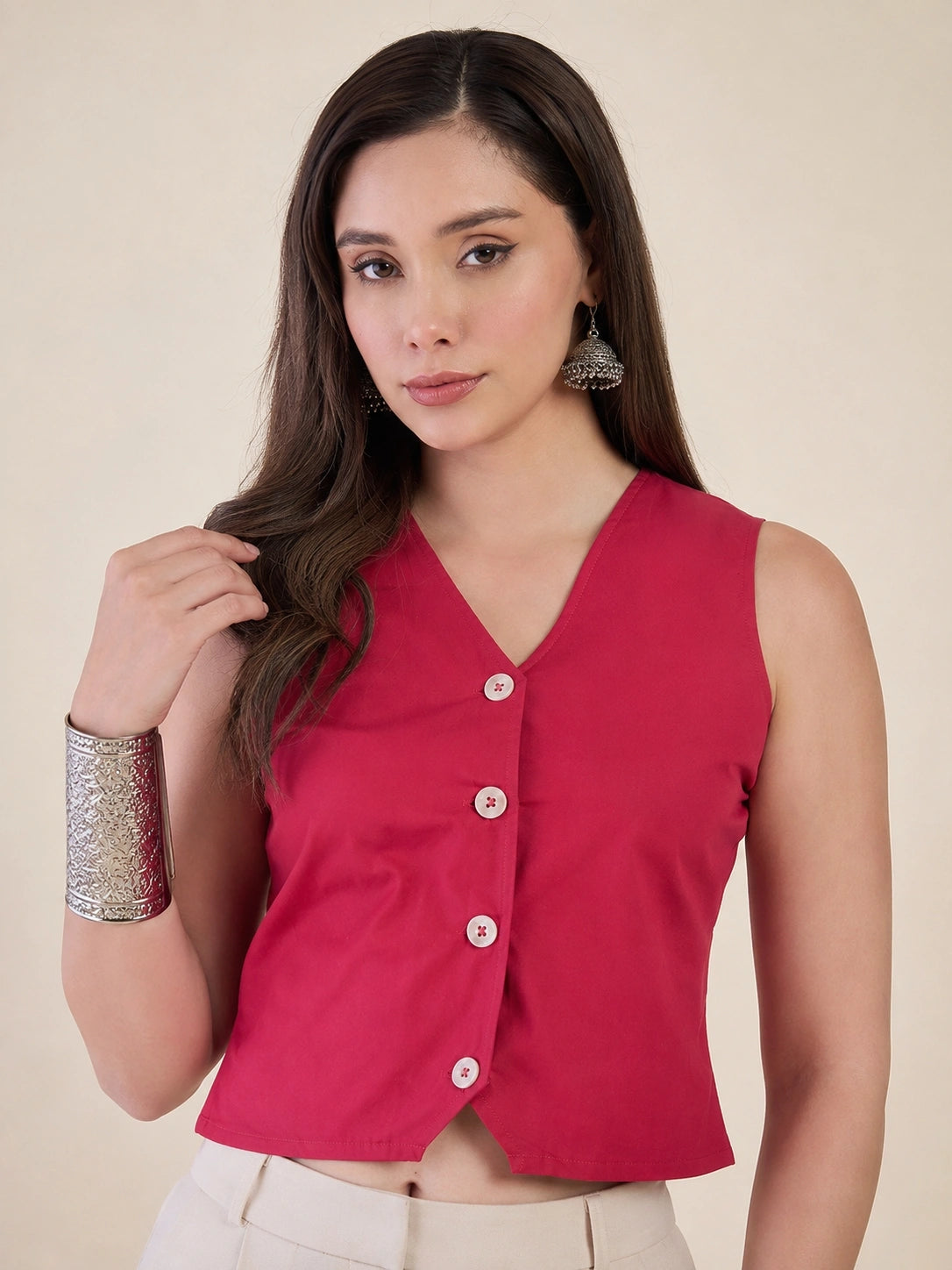 Women Solid Sleeveless V-Neck Waistcoat Top