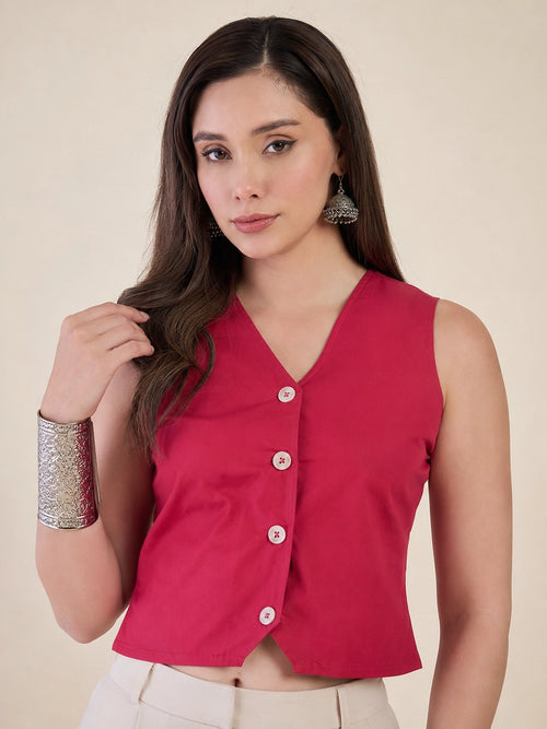 Women Solid Sleeveless V-Neck Waistcoat Top