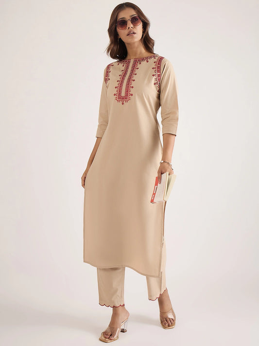 Women Beige cotton embroidered straight-cut kurta