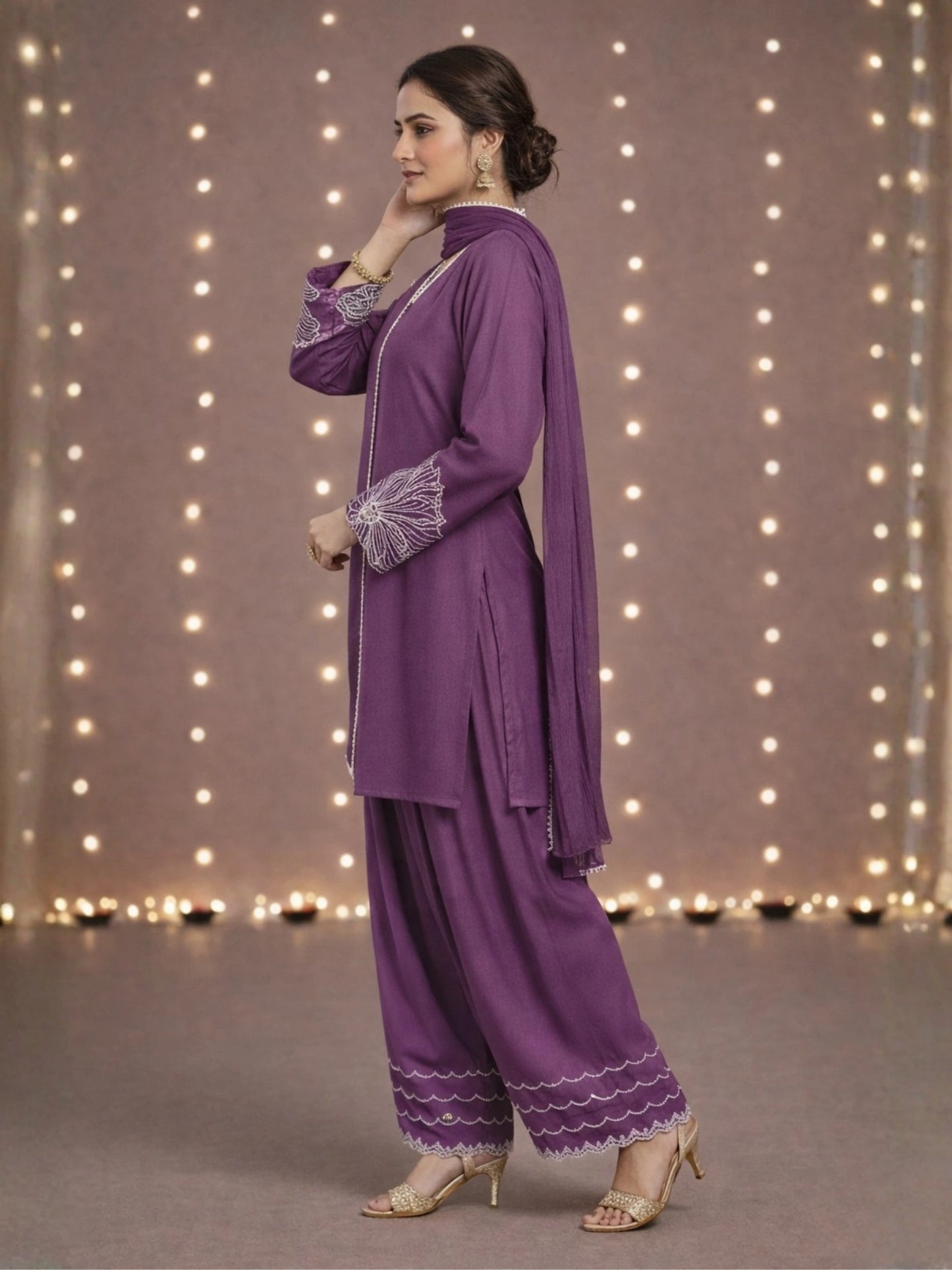 Women's Purple Embroidered Kurti & Farshi Salwar set