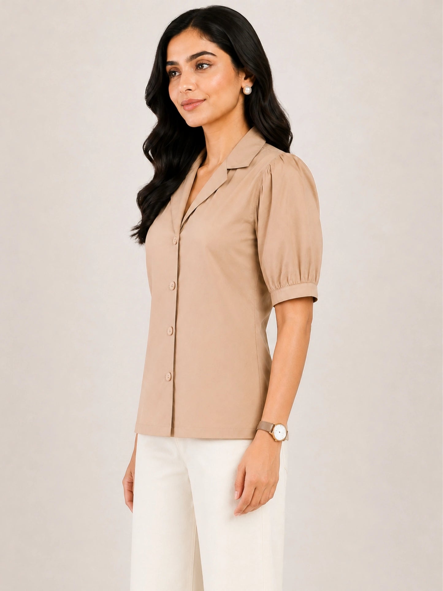 Women's Beige Solid Shirt Collar Puff Sleeve Button Front Regular Fit Casual Office Wear Top for Women