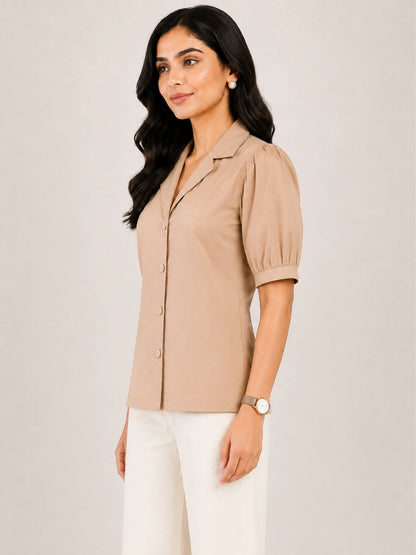Women's Beige Solid Shirt Collar Puff Sleeve Button Front Regular Fit Casual Office Wear Top for Women