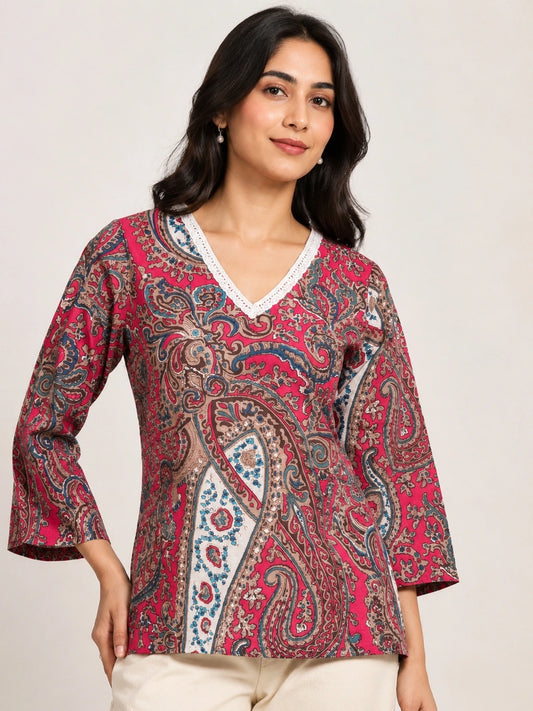 Women's Pink Paisley Print Short Kurti with V-Neck Lace Detail and Three-Quarter Sleeves for Casual Wear