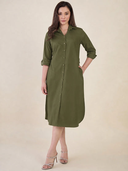 Women Green Side Silt Shirt Dress