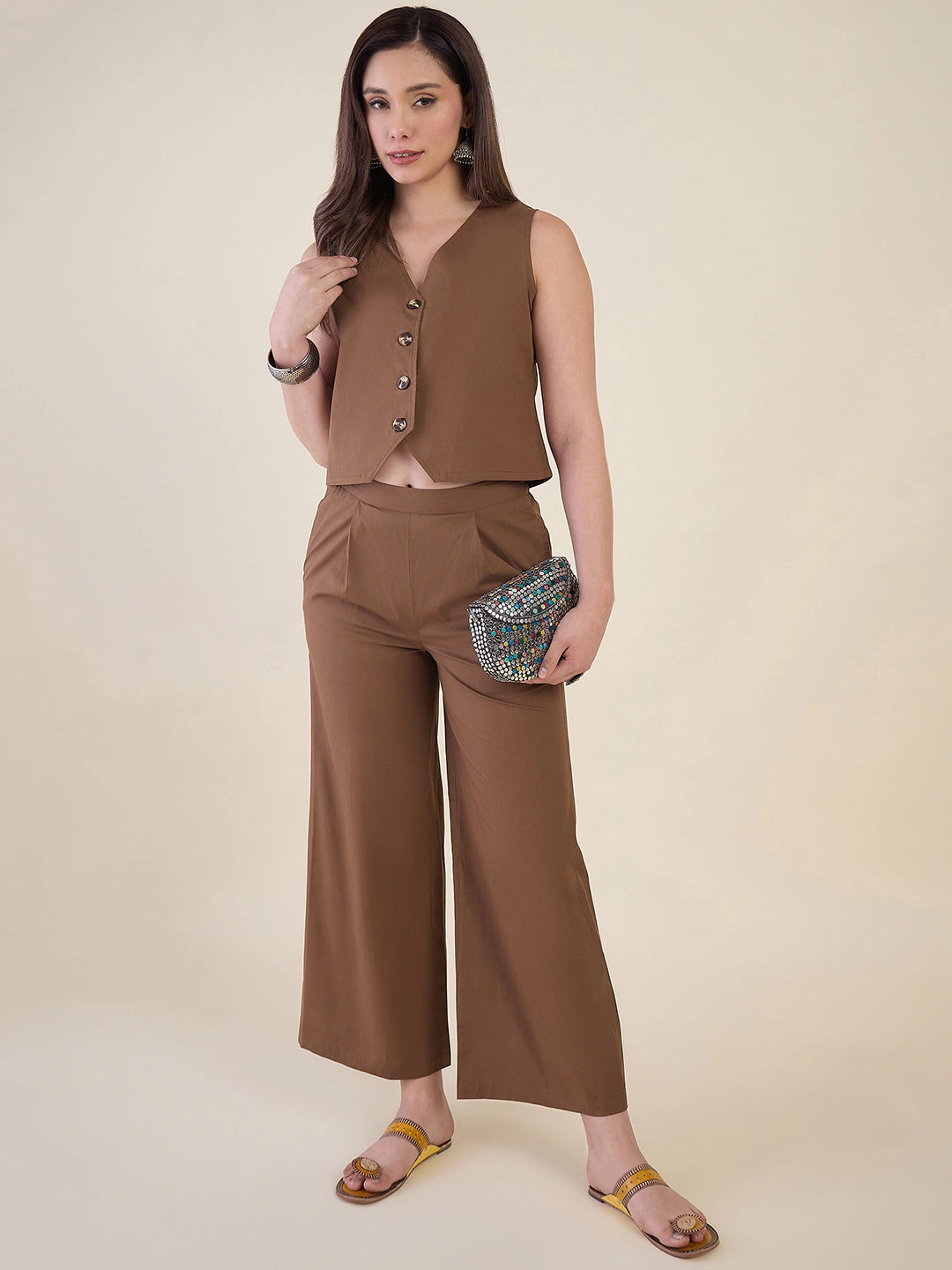Women Brown Sleeveless Vest Top with Pants Co-ord Set