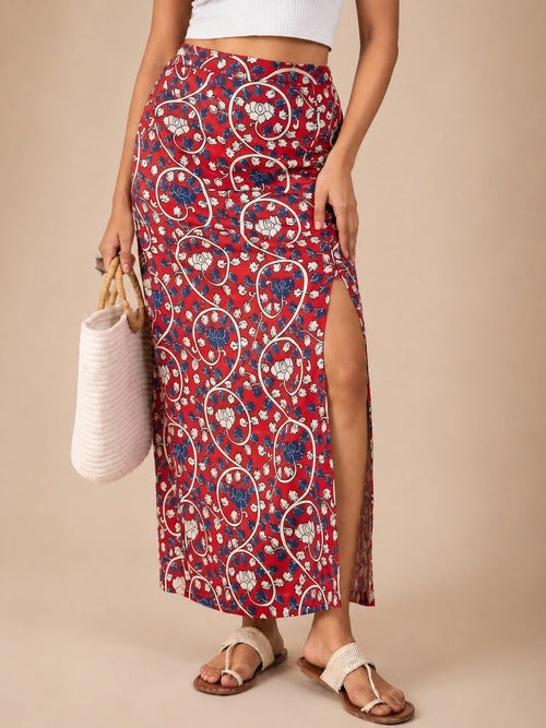 Women's Red Floral Print Maxi Skirt