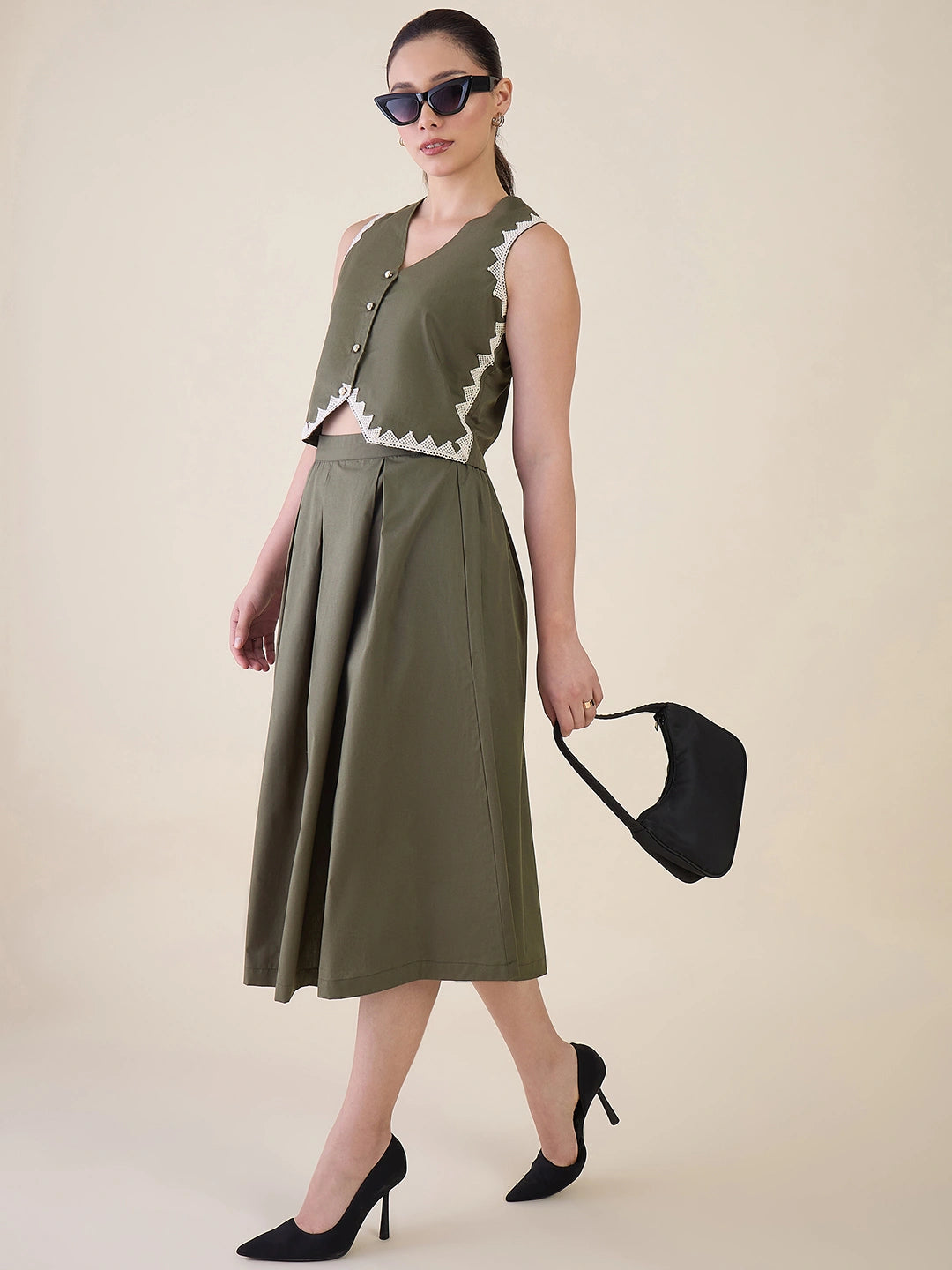 Women Olive Green Vest & Skirt Co-ord Set