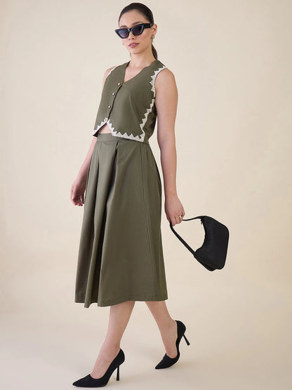 Women Olive Green Vest & Skirt Co-ord Set