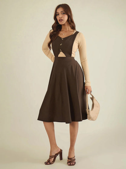 winered-women-brown-pinafore-flared-dress