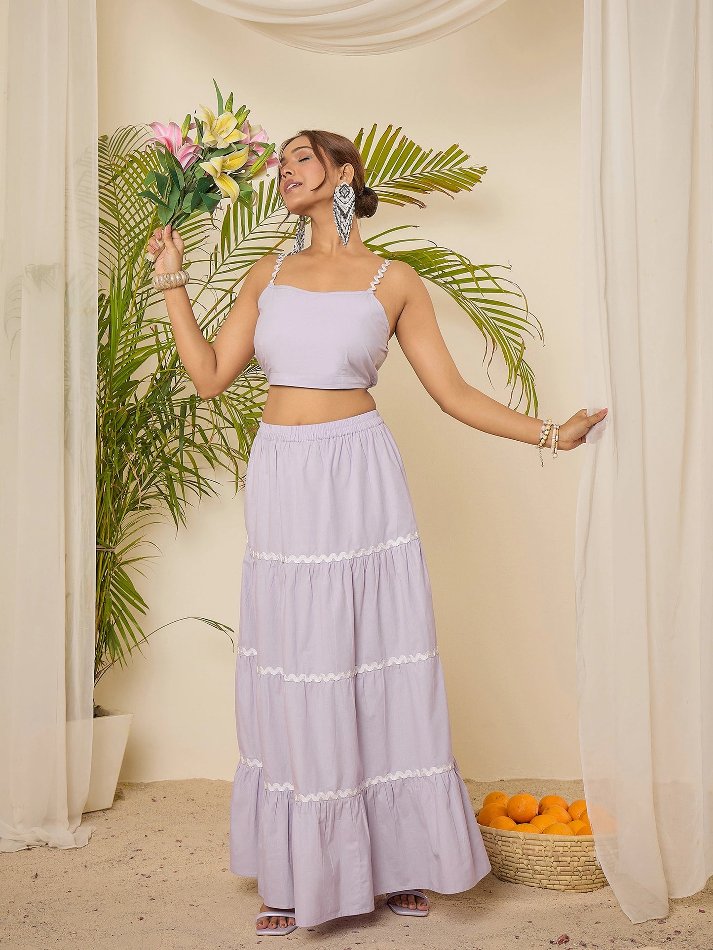 Lavender Cotton Lace Detailing Crop Top with Skirt Co-ord Set