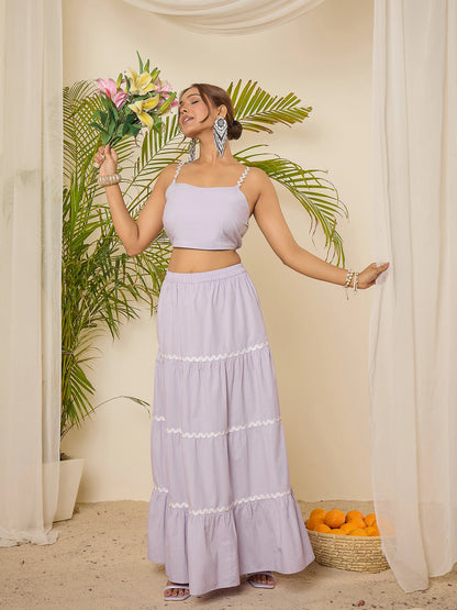Lavender Cotton Lace Detailing Crop Top with Skirt Co-ord Set