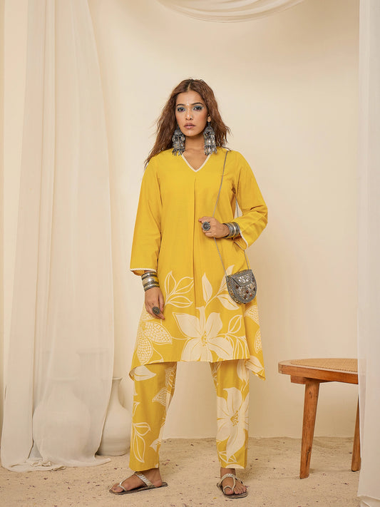 women-cotton-yellow-floral-print-asymmetric-tunic-co-ord-set