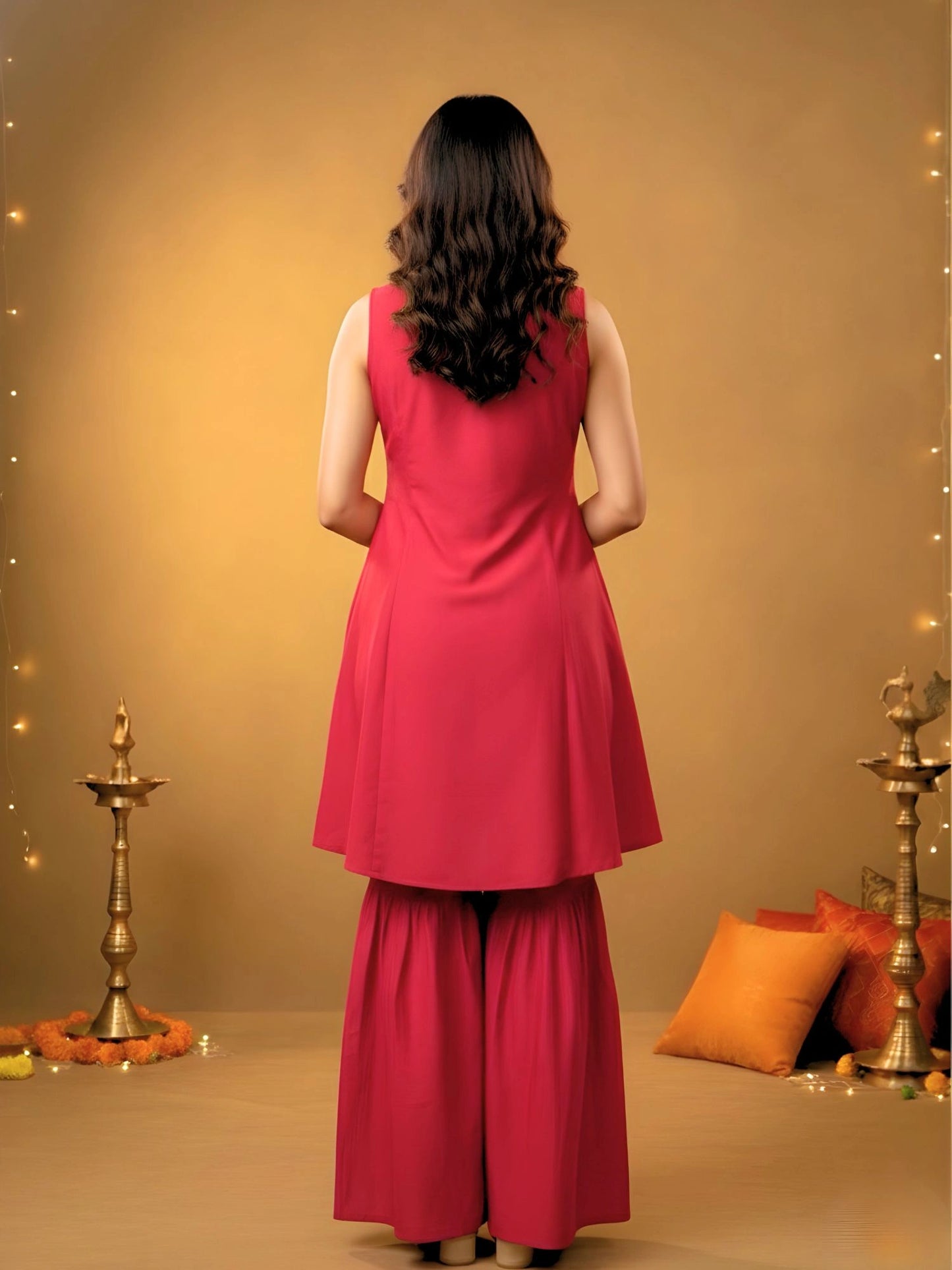 Women Red Flared Kurta, Sharara and Dupatta Set