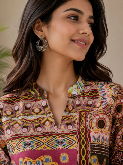 Women Multicolor Ethnic Printed Cotton Short Kurti with 3/4th Straight Sleeves