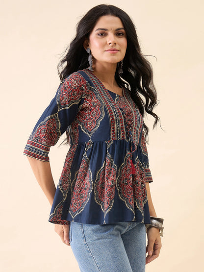 Women Navy Blue Printed Empire Top