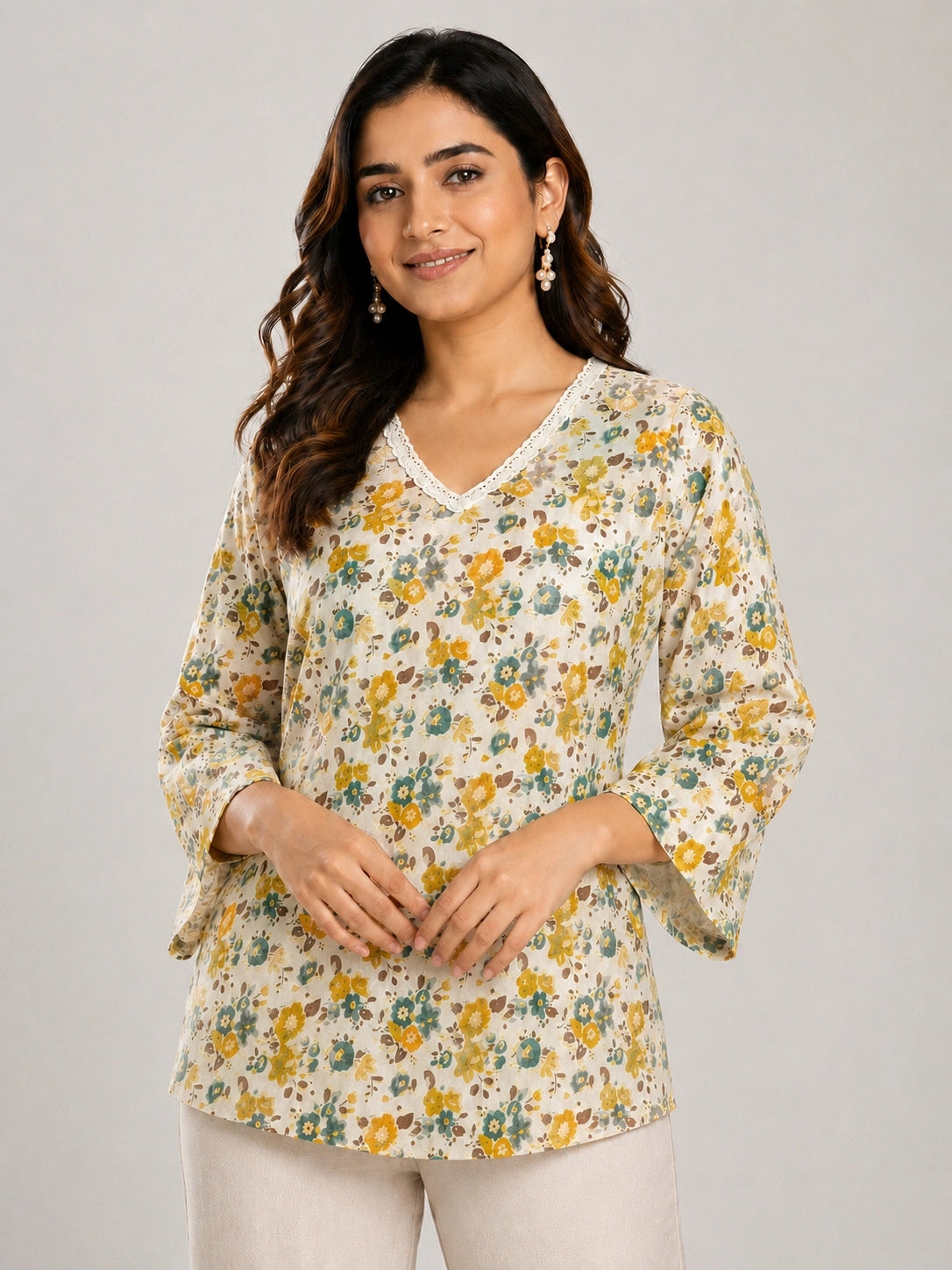 Women's Beige Floral Print Corset Style Short Kurti with V-Neck, Three-Quarter Flared Sleeves and Adjustable Back Tie-Up for Casual Wear