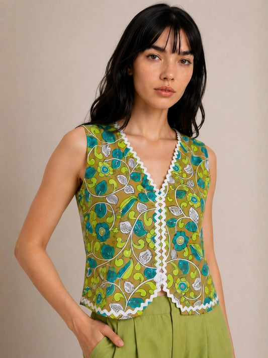 Women's Floral Print Sleeveless V-Neck Waistcoat Top | Buttonless Crop Vest for Women