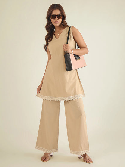 women-beige-cotton-poplin-lace-detailed-tunic-with-pant-co-ord-set
