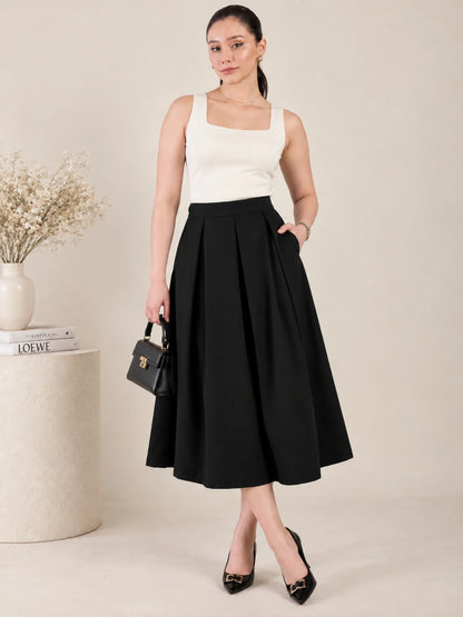 Women Solid Pleated Midi Skirt