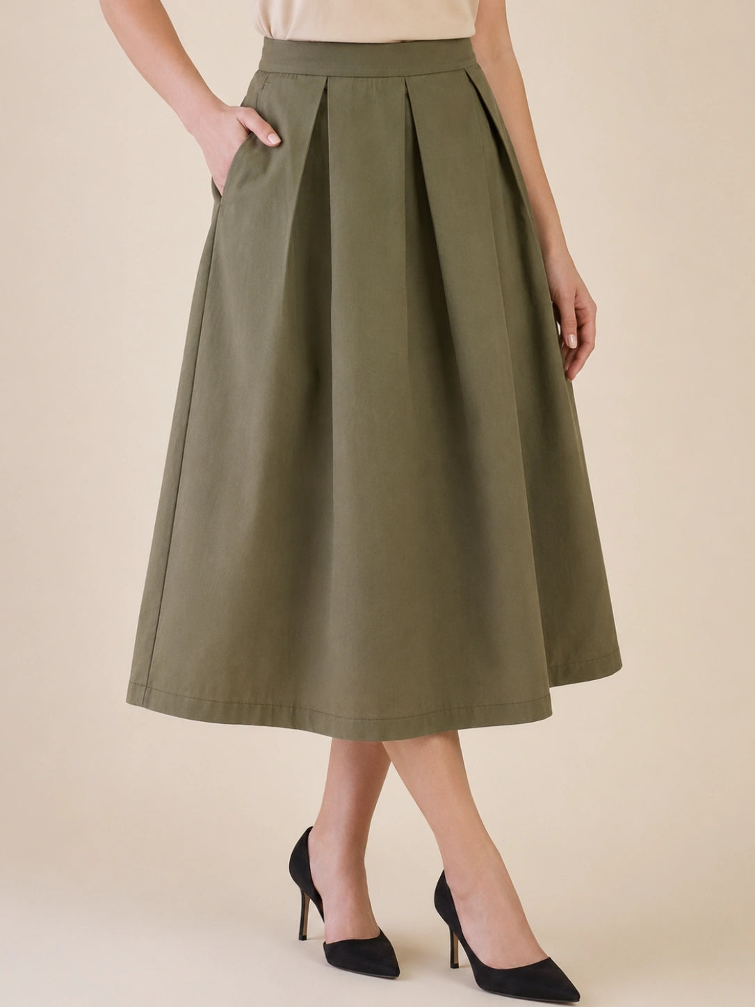 Women Olive Solid Pleated Flared Midi Skirt