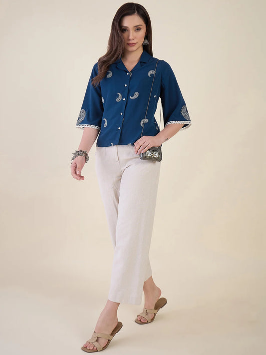 Women Blue Paisley Embroidered Regular Fit Shirt